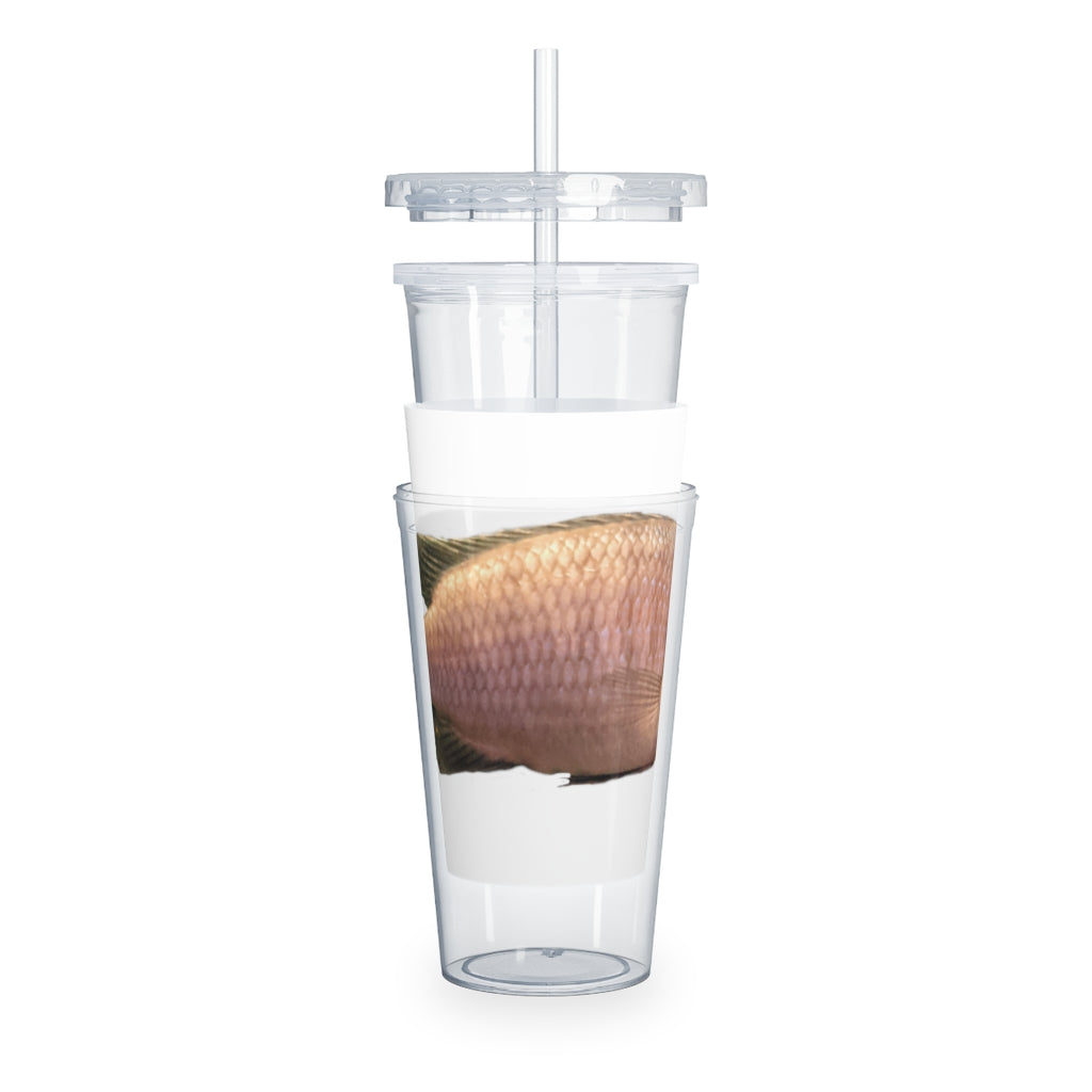 A vibrant Peach Fish Plastic Tumbler with Straw, showcasing its colorful design and double wall insulation.