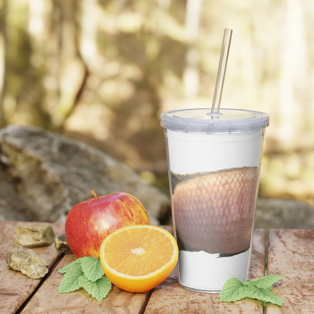 A vibrant Peach Fish Plastic Tumbler with Straw, showcasing its colorful design and double wall insulation.