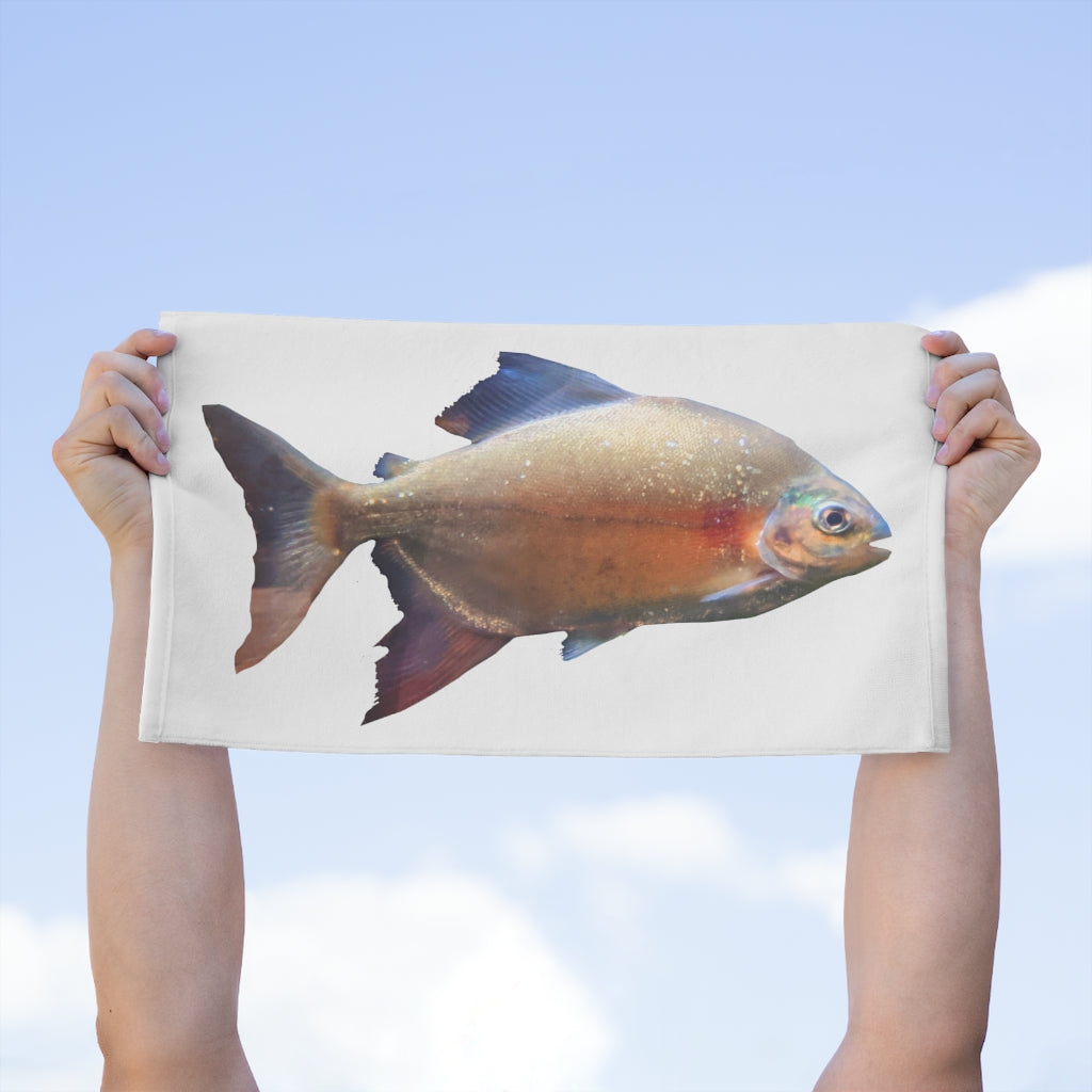 Peach Fish Rally Towel, 11x18 inches, featuring soft cotton and printed mink polyester, ideal for personalization.