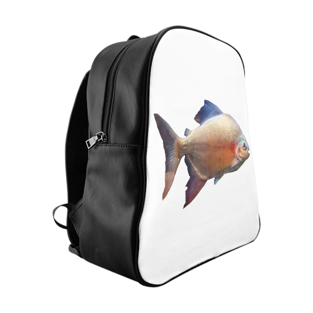 Peach Fish School Backpack featuring a unique peach fish print, padded back, and chocolate brown lining, perfect for school and everyday use.