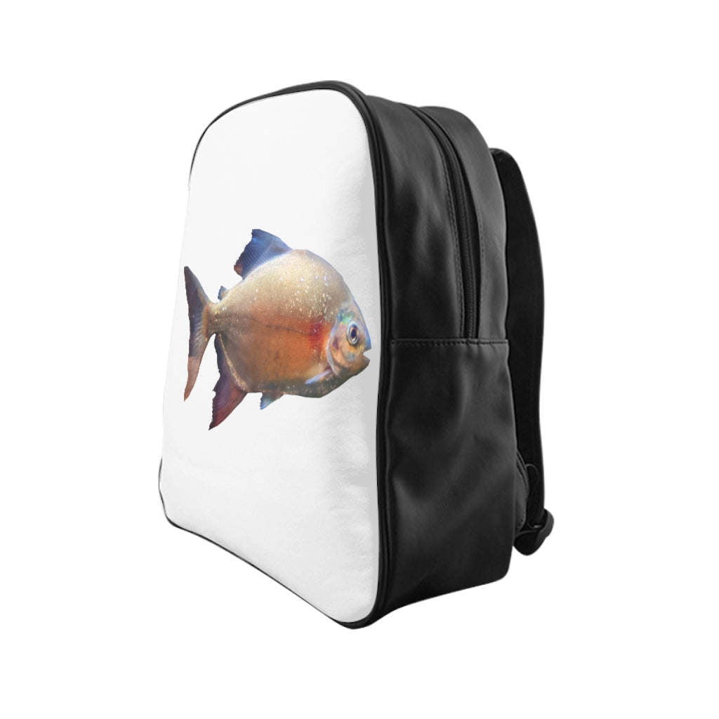 Peach Fish School Backpack featuring a unique peach fish print, padded back, and chocolate brown lining, perfect for school and everyday use.