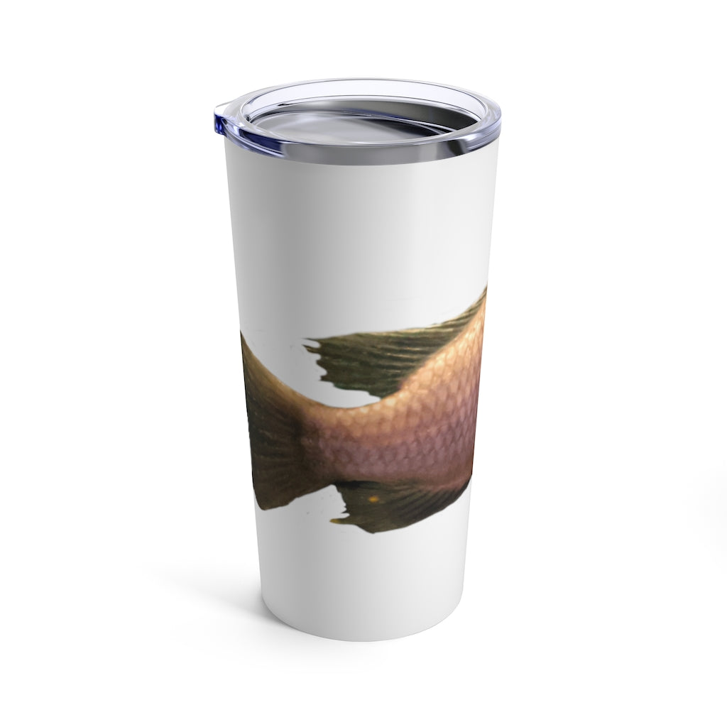 A stylish Peach Fish Tumbler 20oz made of stainless steel, featuring a vibrant peach fish design and a see-thru plastic lid.