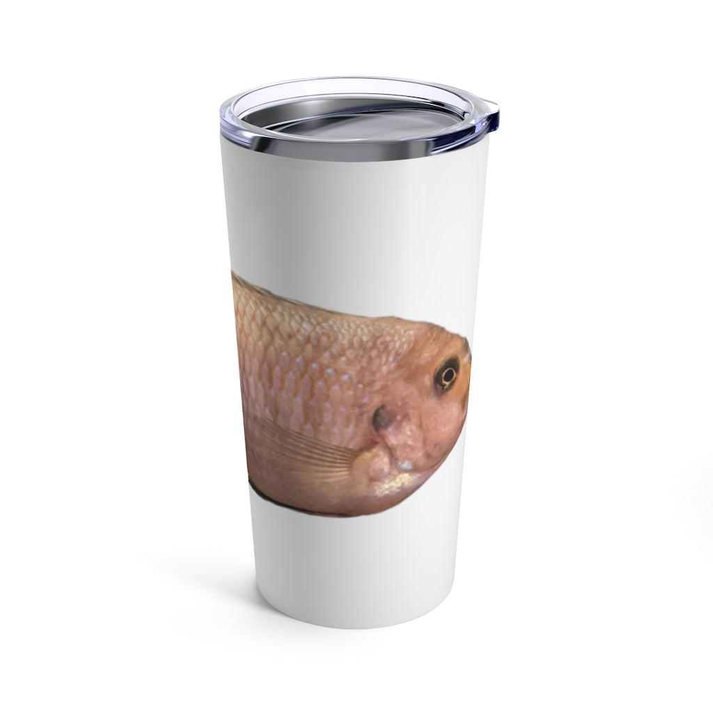 A stylish Peach Fish Tumbler 20oz made of stainless steel, featuring a vibrant peach fish design and a see-thru plastic lid.