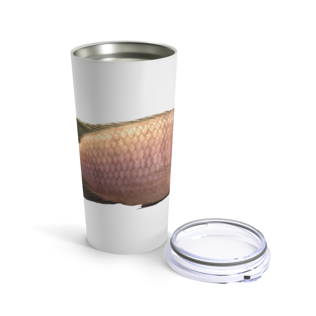 A stylish Peach Fish Tumbler 20oz made of stainless steel, featuring a vibrant peach fish design and a see-thru plastic lid.