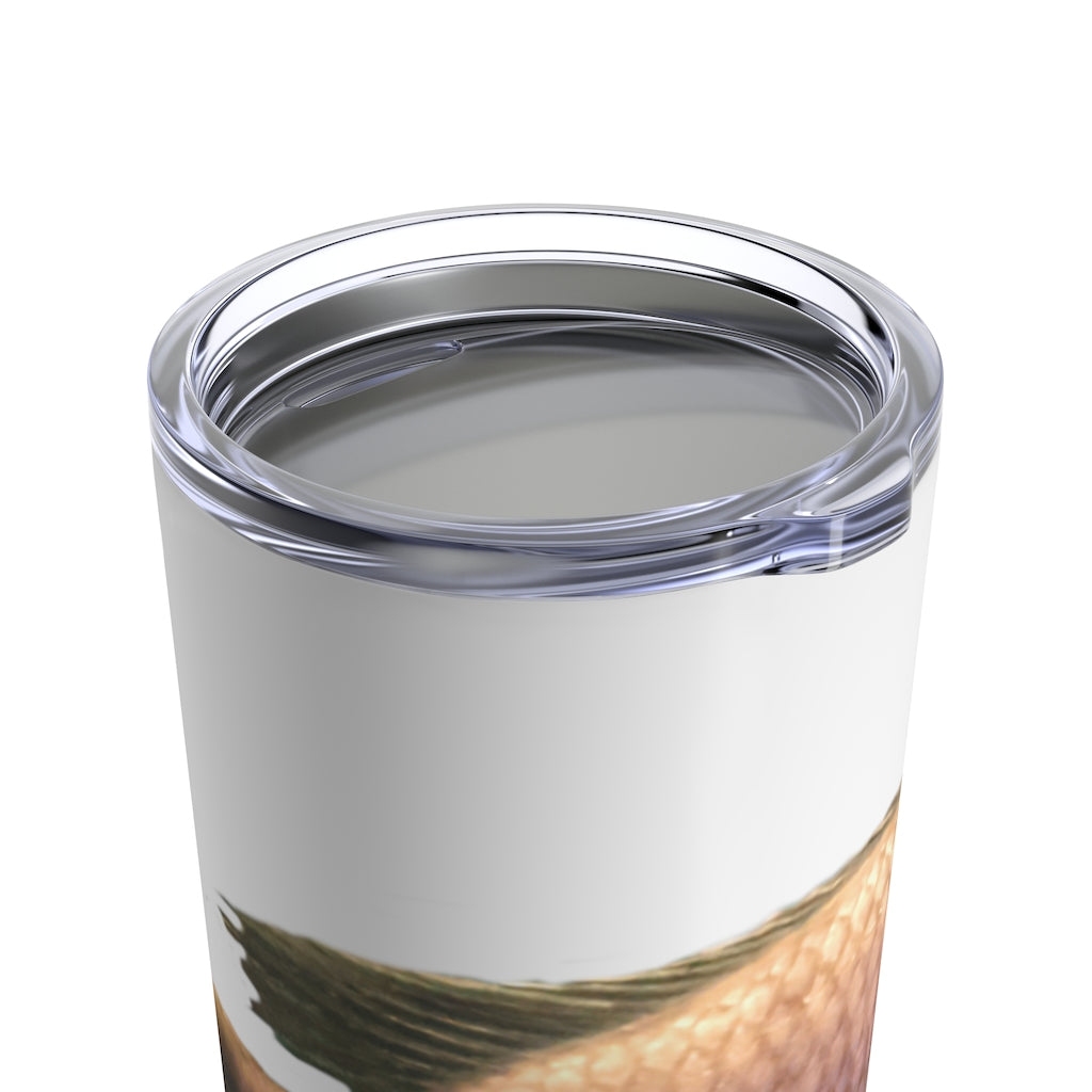 A stylish Peach Fish Tumbler 20oz made of stainless steel, featuring a vibrant peach fish design and a see-thru plastic lid.