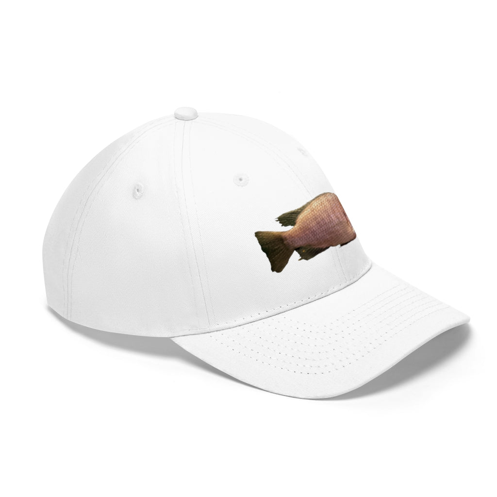 Peach Fish Unisex Twill Hat showcasing a classic 6-panel design in 100% cotton twill with adjustable Velcro closure.