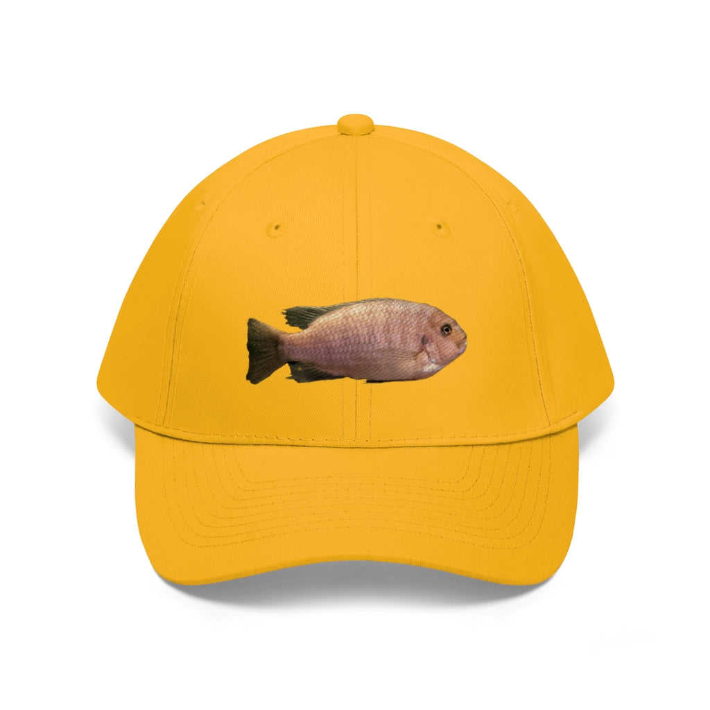 Peach Fish Unisex Twill Hat showcasing a classic 6-panel design in 100% cotton twill with adjustable Velcro closure.