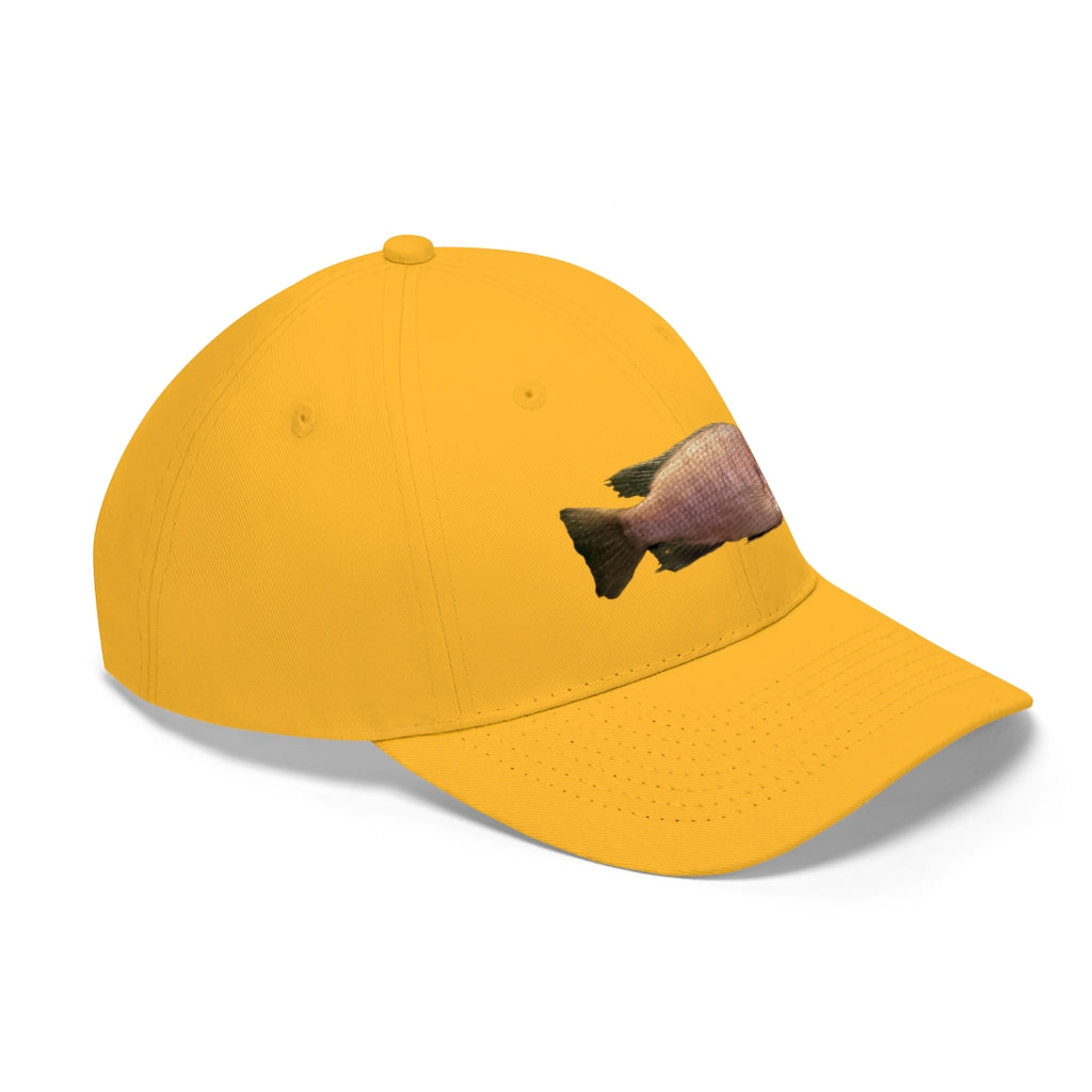 Peach Fish Unisex Twill Hat showcasing a classic 6-panel design in 100% cotton twill with adjustable Velcro closure.