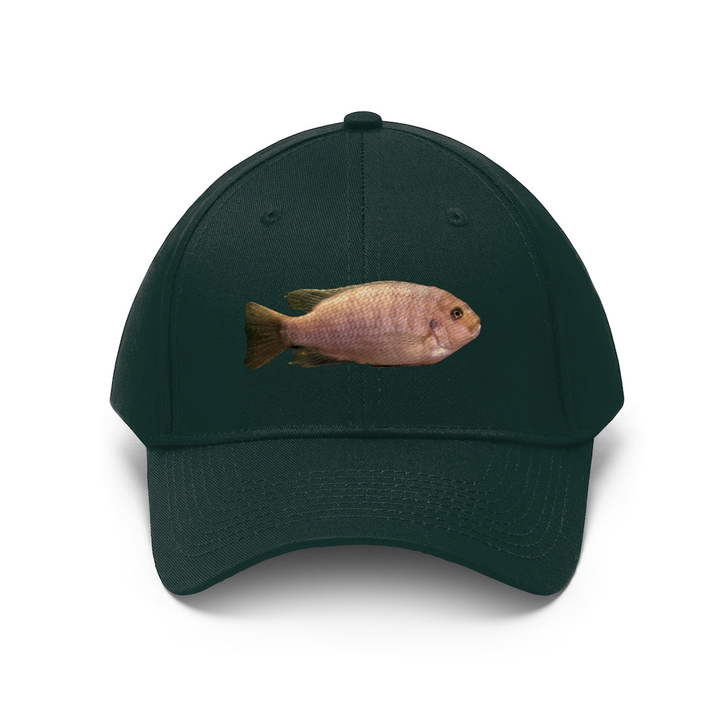 Peach Fish Unisex Twill Hat showcasing a classic 6-panel design in 100% cotton twill with adjustable Velcro closure.