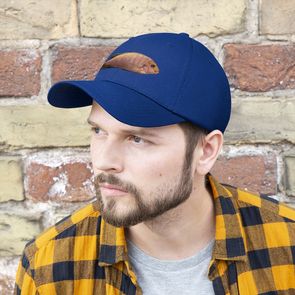 Peach Fish Unisex Twill Hat showcasing a classic 6-panel design in 100% cotton twill with adjustable Velcro closure.