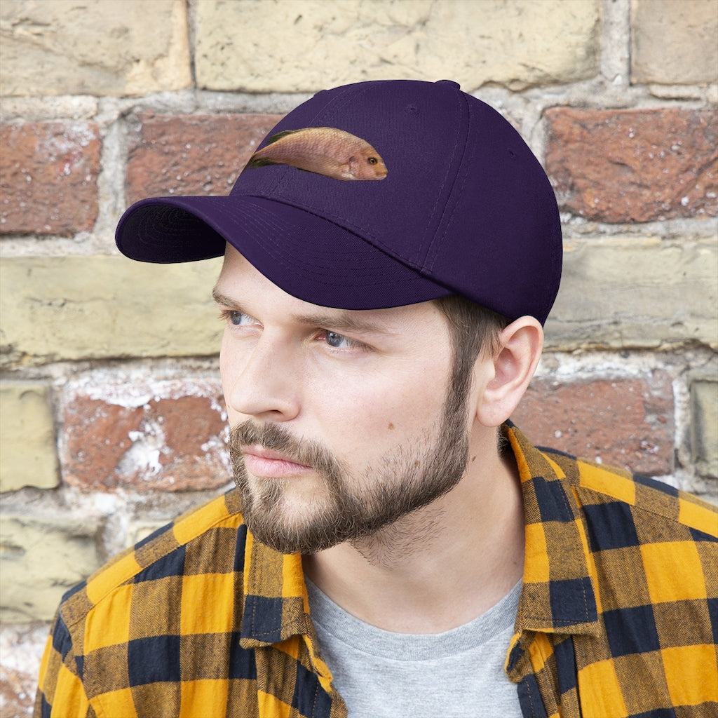 Peach Fish Unisex Twill Hat showcasing a classic 6-panel design in 100% cotton twill with adjustable Velcro closure.