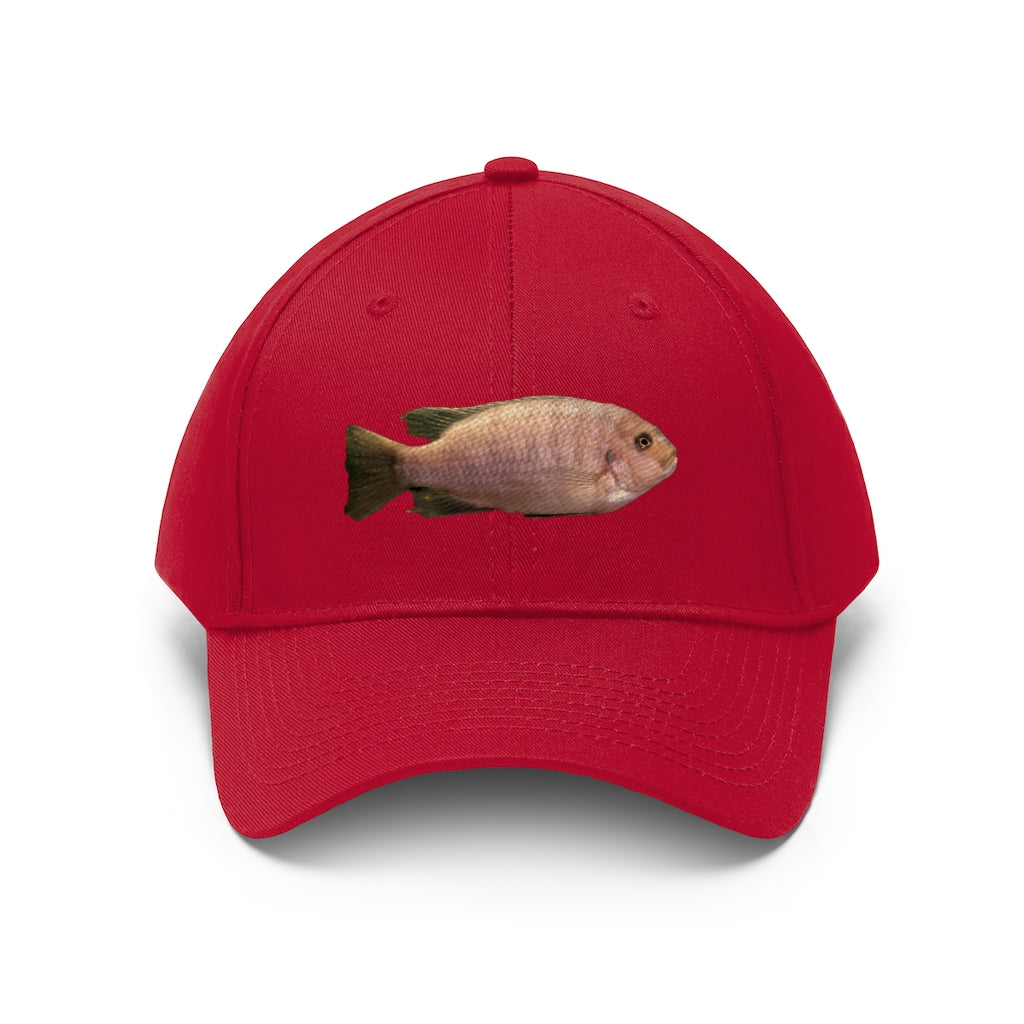 Peach Fish Unisex Twill Hat showcasing a classic 6-panel design in 100% cotton twill with adjustable Velcro closure.