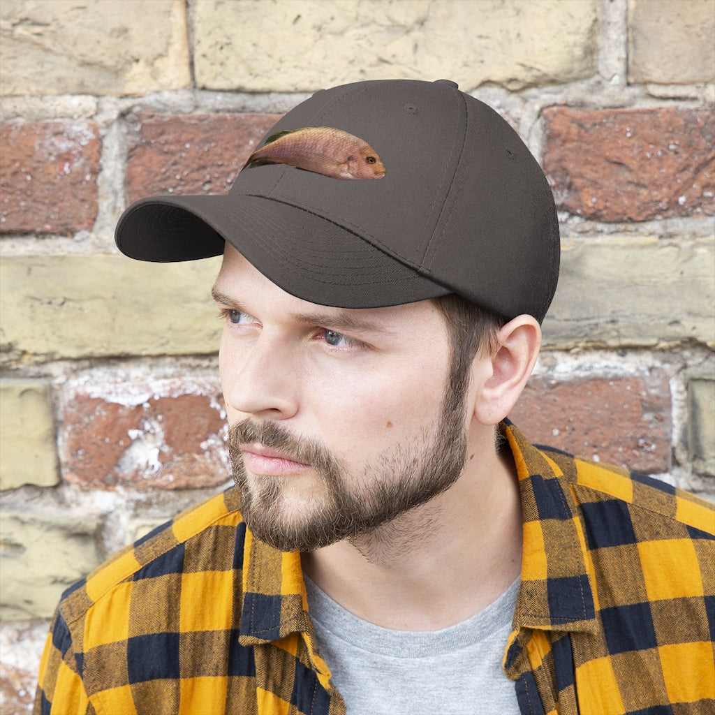 Peach Fish Unisex Twill Hat showcasing a classic 6-panel design in 100% cotton twill with adjustable Velcro closure.