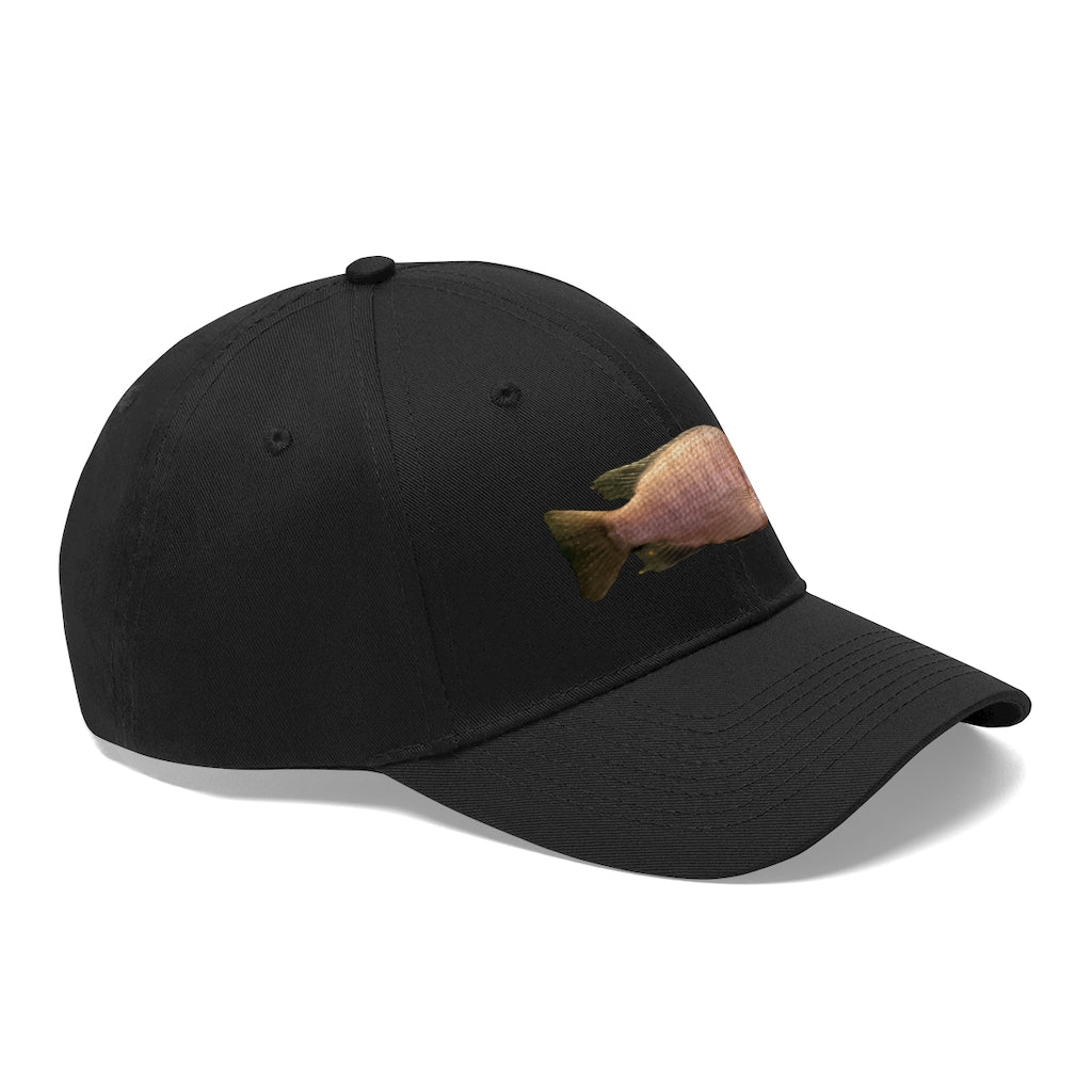 Peach Fish Unisex Twill Hat showcasing a classic 6-panel design in 100% cotton twill with adjustable Velcro closure.