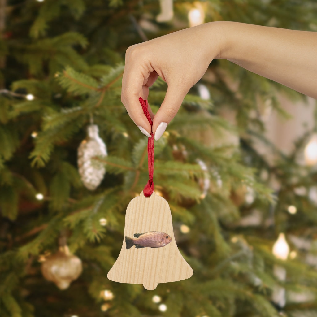 A collection of Peach Fish Wooden Christmas Ornaments in various whimsical shapes, featuring a rustic wooden finish and red ribbons for hanging.