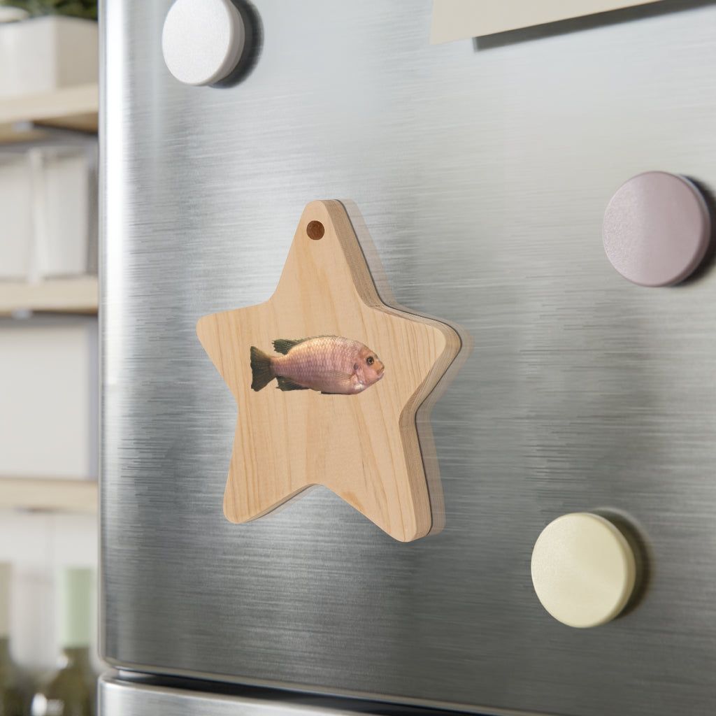 A collection of Peach Fish Wooden Christmas Ornaments in various whimsical shapes, featuring a rustic wooden finish and red ribbons for hanging.