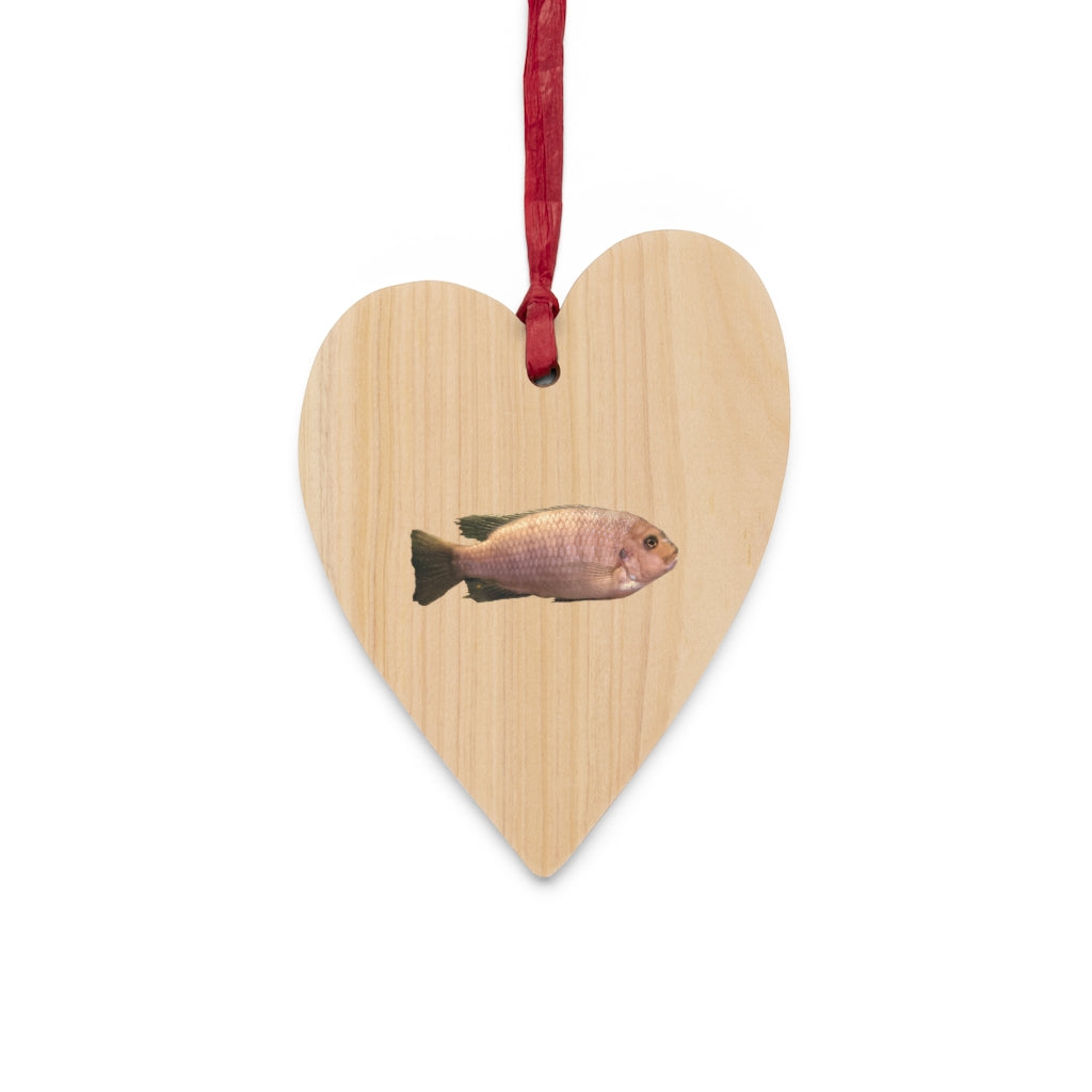 A collection of Peach Fish Wooden Christmas Ornaments in various whimsical shapes, featuring a rustic wooden finish and red ribbons for hanging.