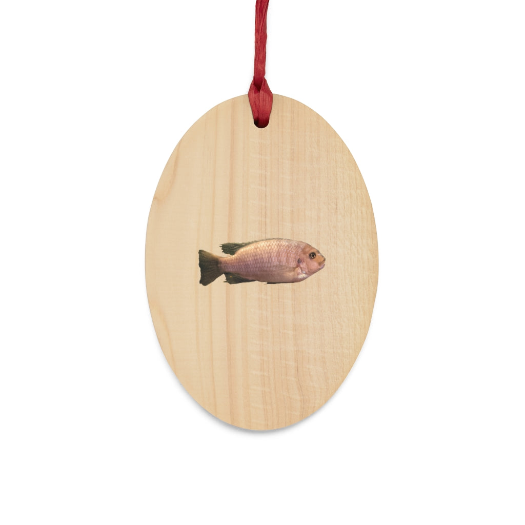 A collection of Peach Fish Wooden Christmas Ornaments in various whimsical shapes, featuring a rustic wooden finish and red ribbons for hanging.