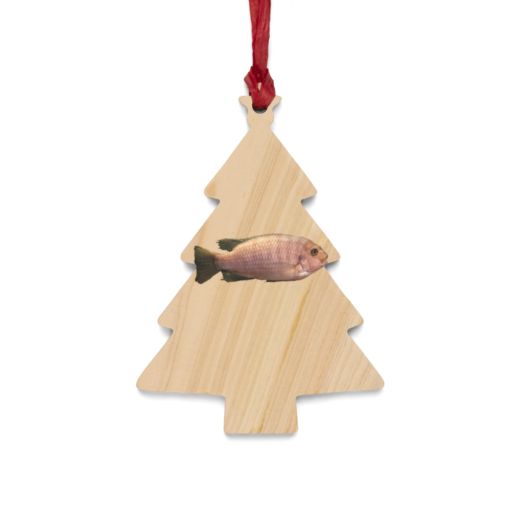 A collection of Peach Fish Wooden Christmas Ornaments in various whimsical shapes, featuring a rustic wooden finish and red ribbons for hanging.