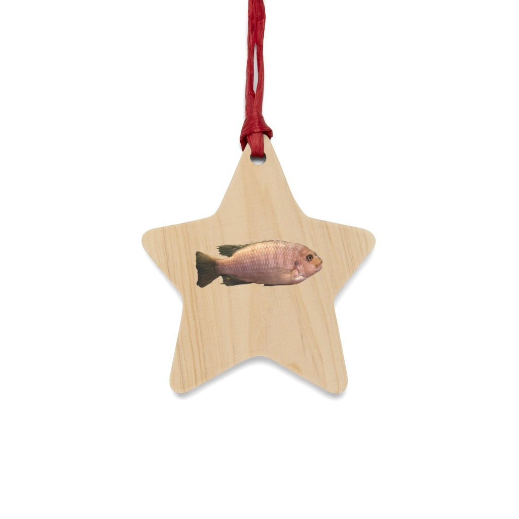 A collection of Peach Fish Wooden Christmas Ornaments in various whimsical shapes, featuring a rustic wooden finish and red ribbons for hanging.