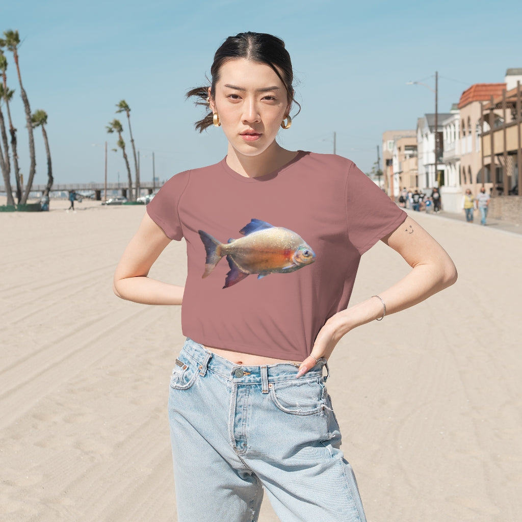 Peach Fish Women's Flowy Cropped Tee in various colors, showcasing its soft fabric and stylish design.