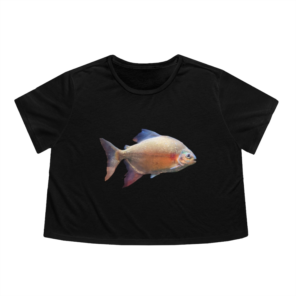 Peach Fish Women's Flowy Cropped Tee in various colors, showcasing its soft fabric and stylish design.