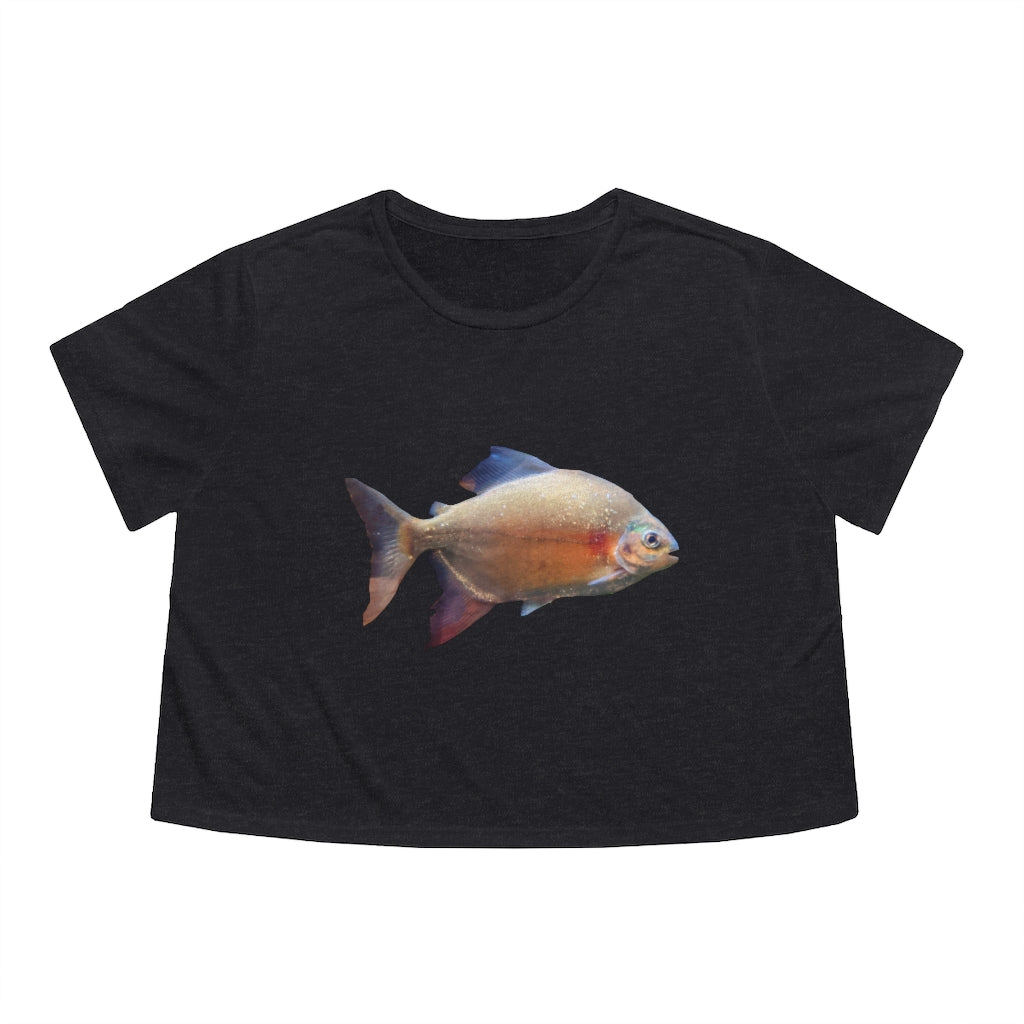 Peach Fish Women's Flowy Cropped Tee in various colors, showcasing its soft fabric and stylish design.