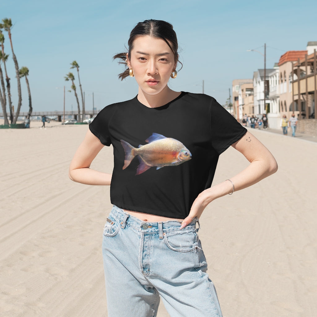 Peach Fish Women's Flowy Cropped Tee in various colors, showcasing its soft fabric and stylish design.