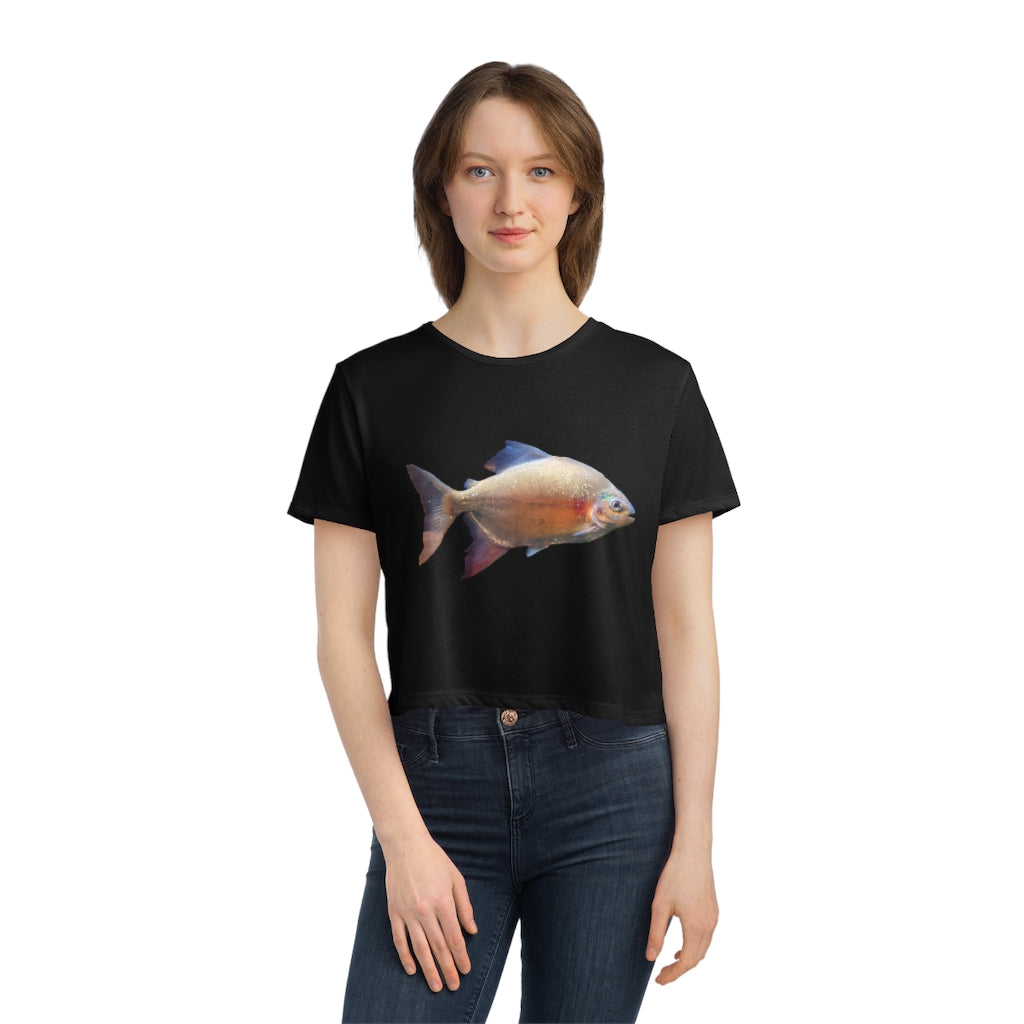 Peach Fish Women's Flowy Cropped Tee in various colors, showcasing its soft fabric and stylish design.