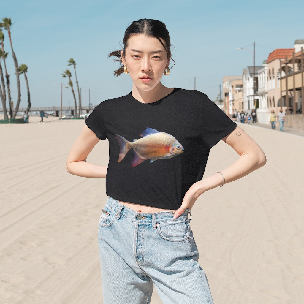 Peach Fish Women's Flowy Cropped Tee in various colors, showcasing its soft fabric and stylish design.