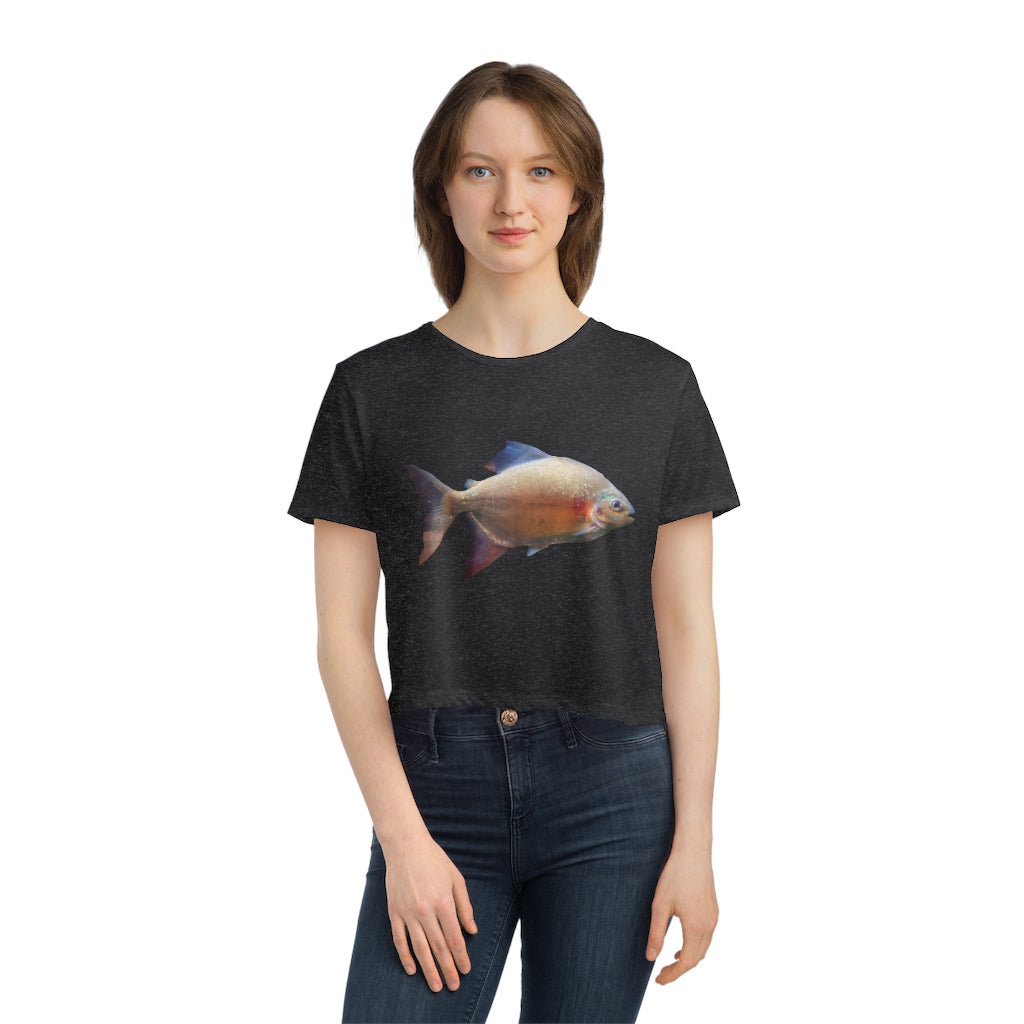 Peach Fish Women's Flowy Cropped Tee in various colors, showcasing its soft fabric and stylish design.