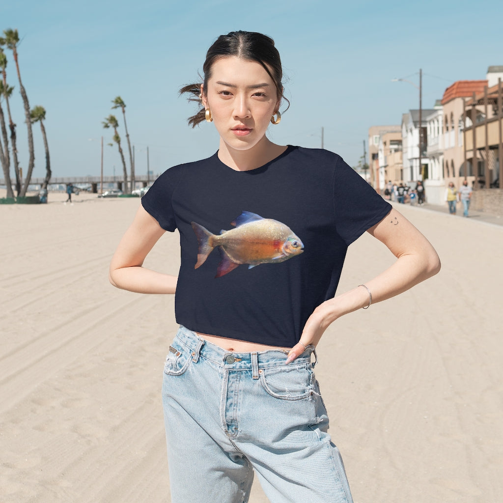 Peach Fish Women's Flowy Cropped Tee in various colors, showcasing its soft fabric and stylish design.