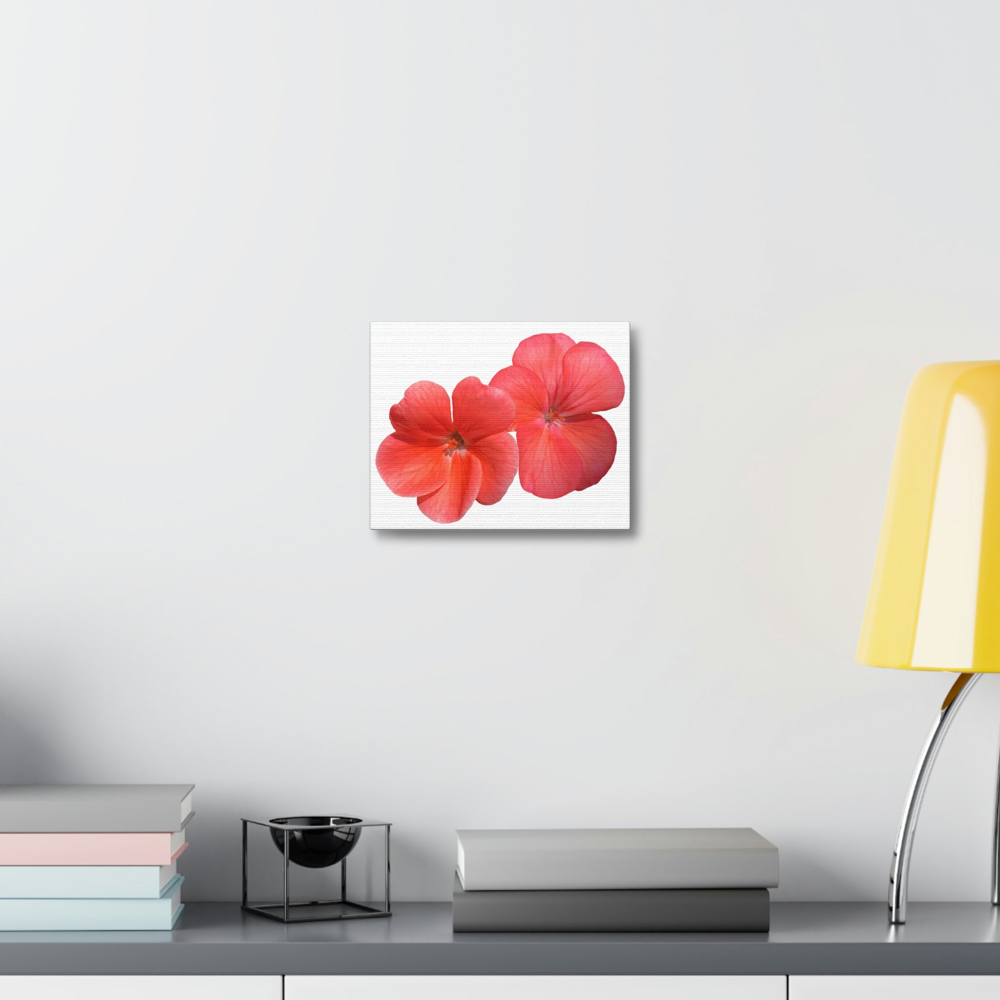 A vibrant peach red flower printed on a stretched canvas, showcasing high-quality detail and color.