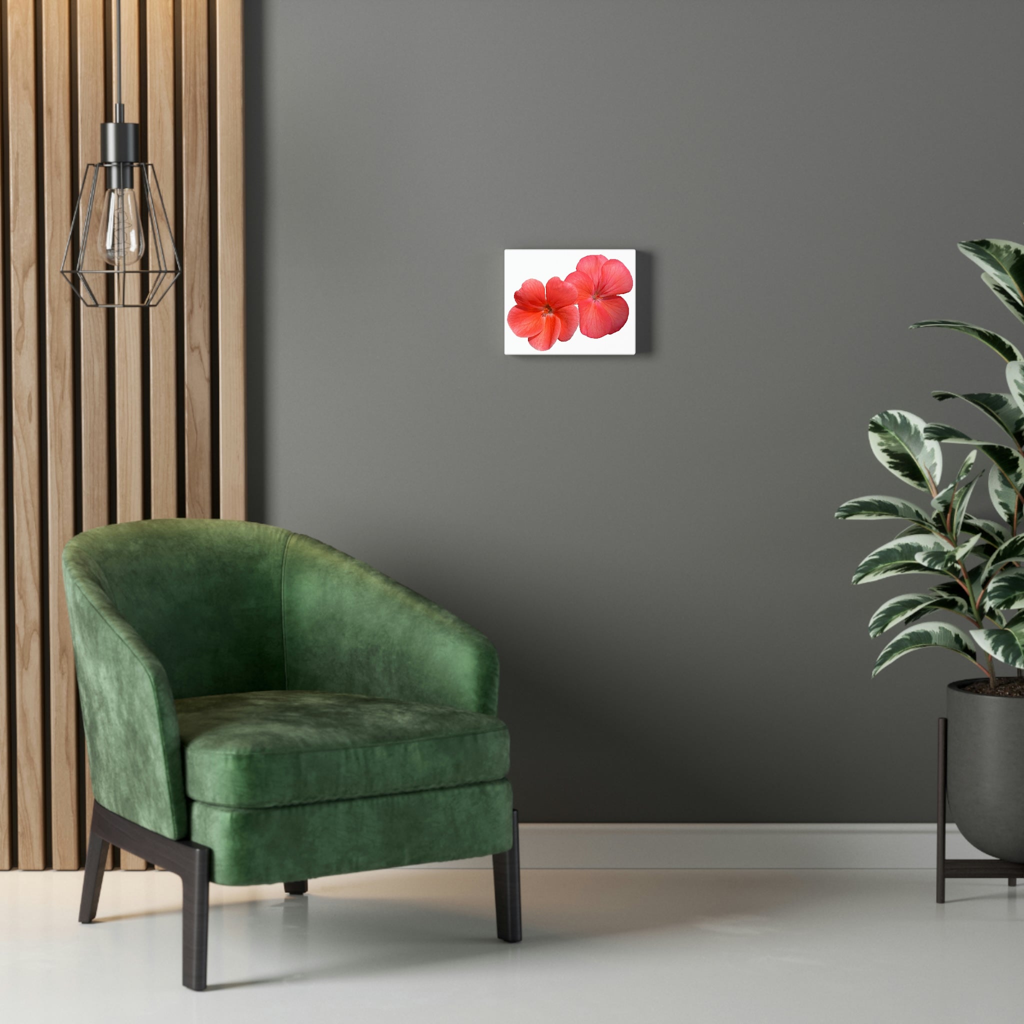 A vibrant peach red flower printed on a stretched canvas, showcasing high-quality detail and color.