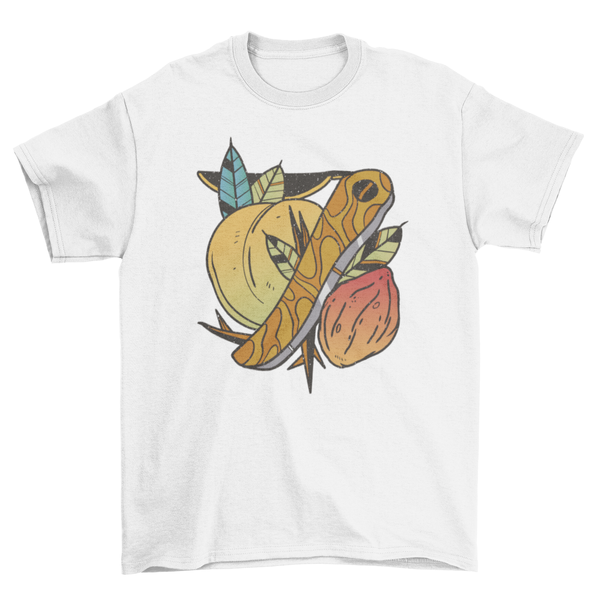 A stylish t-shirt featuring a tattoo design of a peach with green leaves, perfect for casual wear.