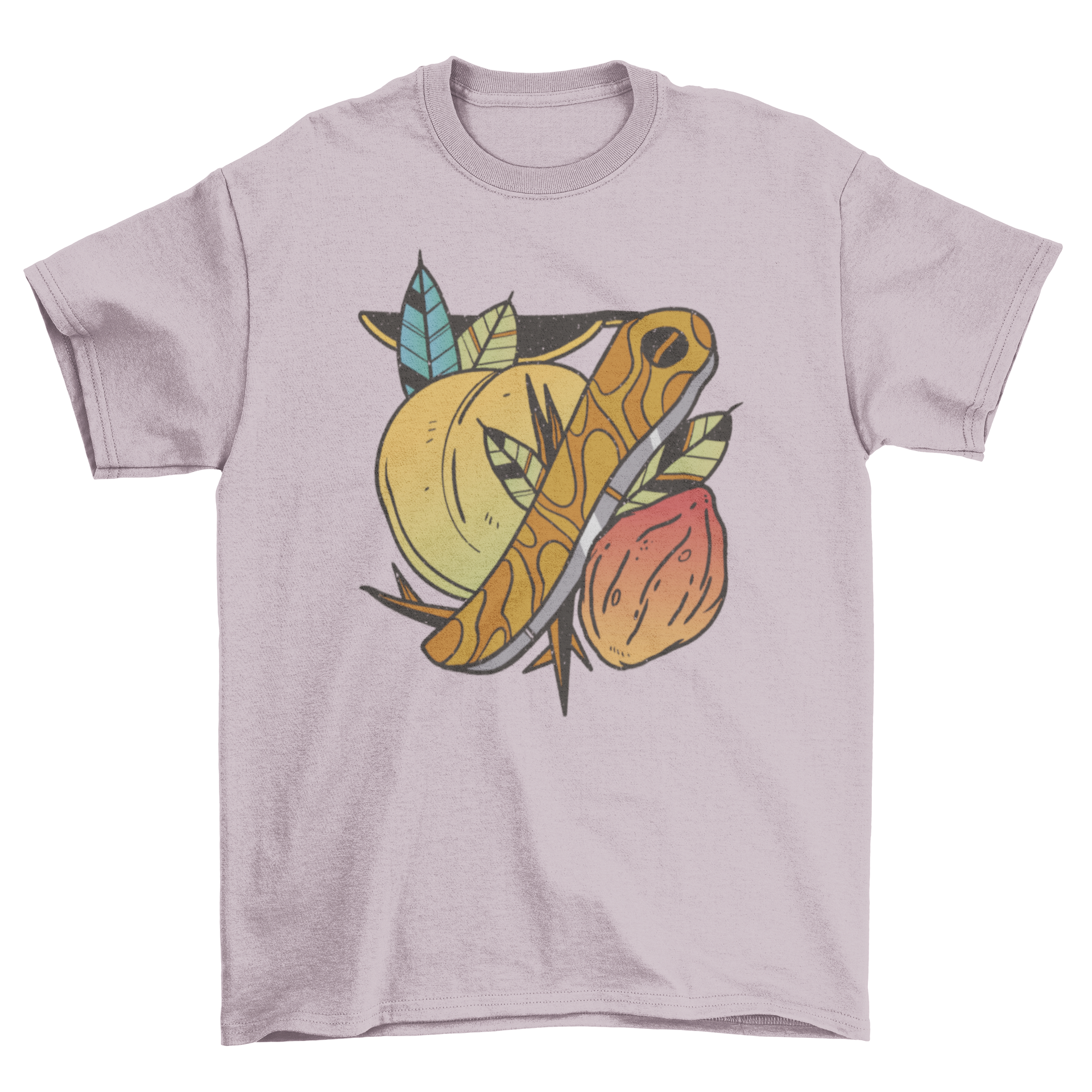 A stylish t-shirt featuring a tattoo design of a peach with green leaves, perfect for casual wear.