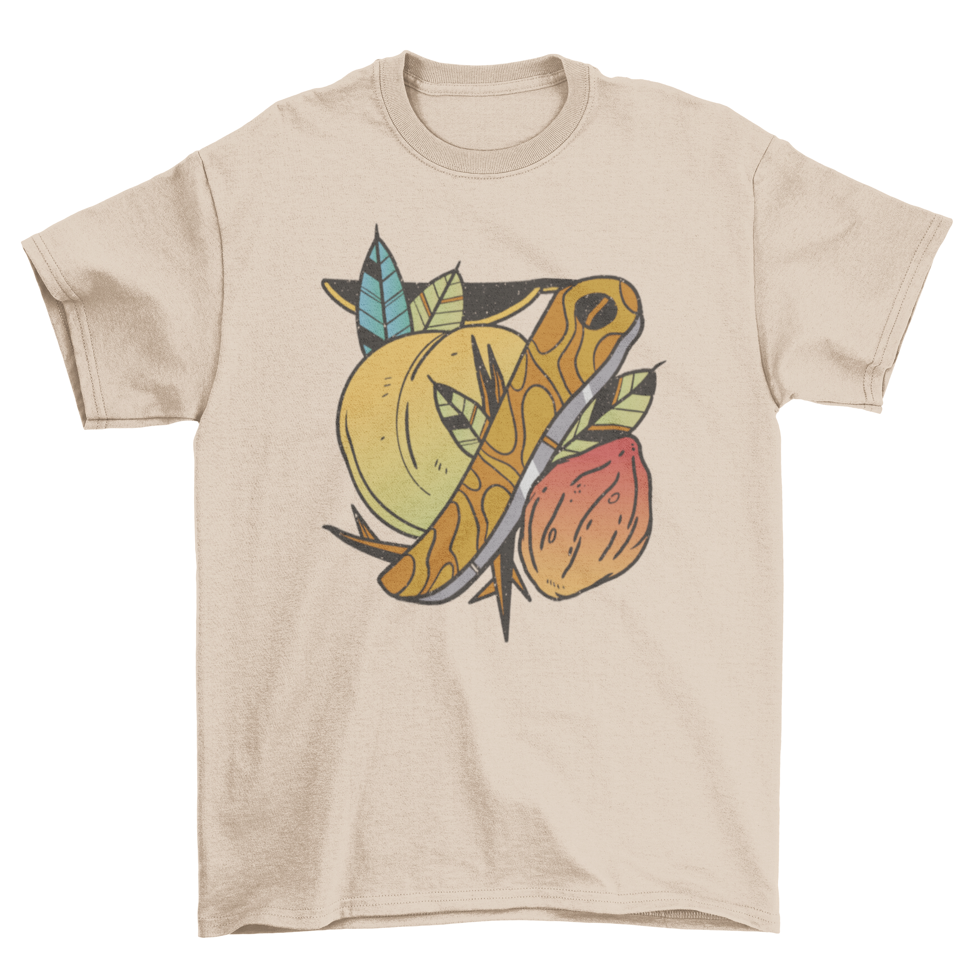 A stylish t-shirt featuring a tattoo design of a peach with green leaves, perfect for casual wear.