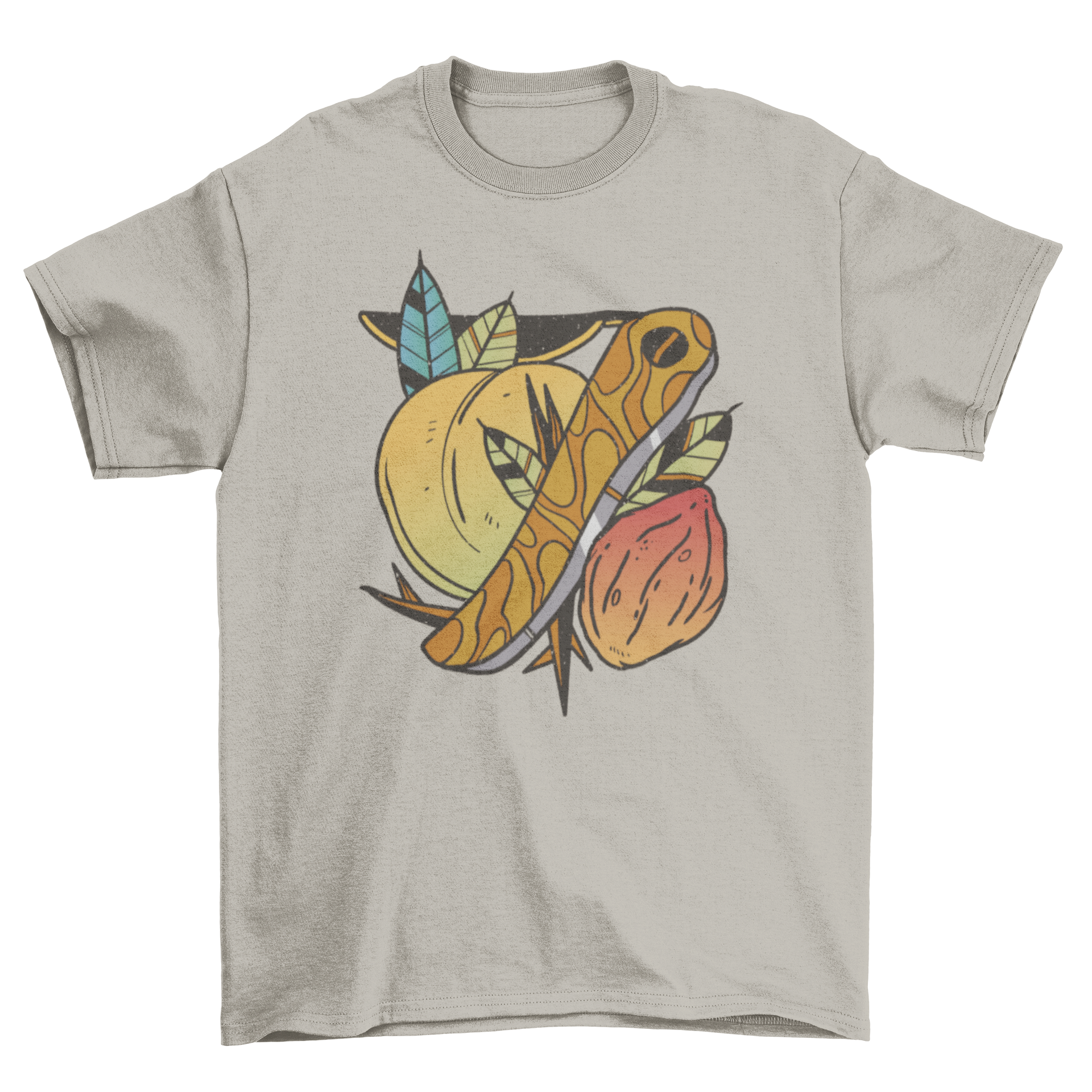 A stylish t-shirt featuring a tattoo design of a peach with green leaves, perfect for casual wear.