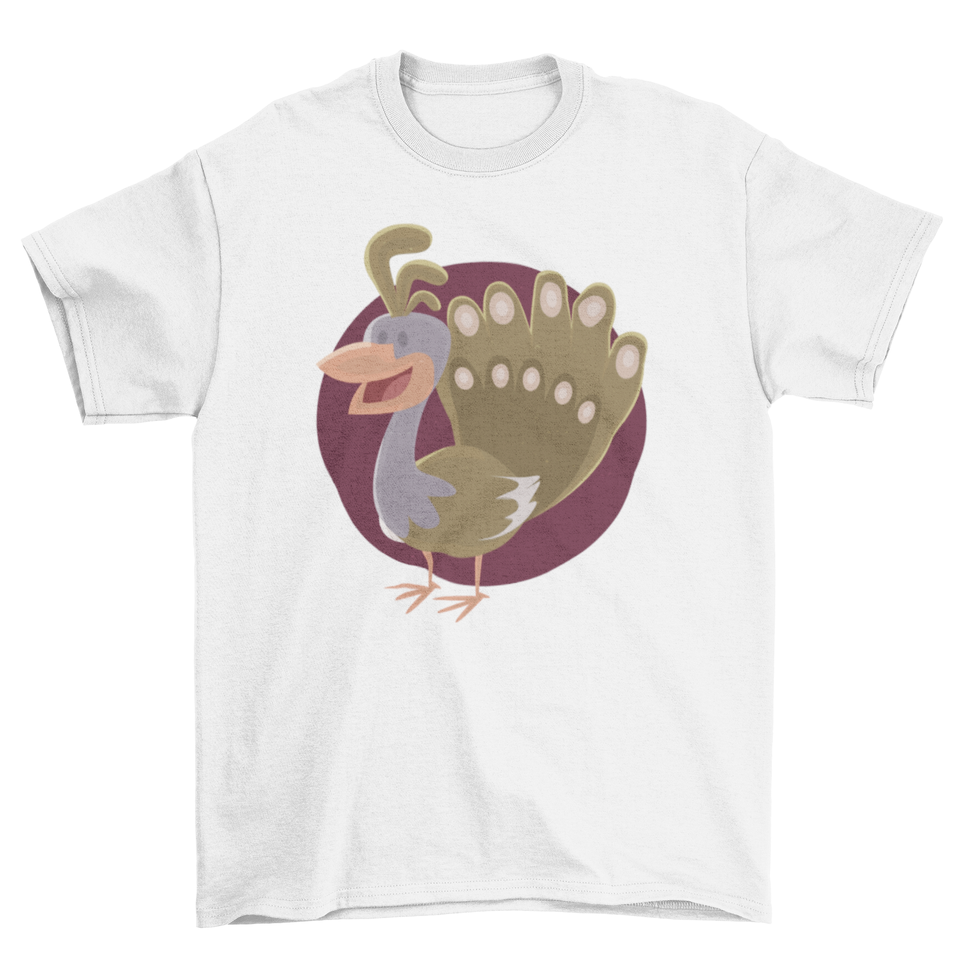 A colorful Peacock T-shirt featuring a cheerful cartoon peacock illustration, perfect for casual wear.