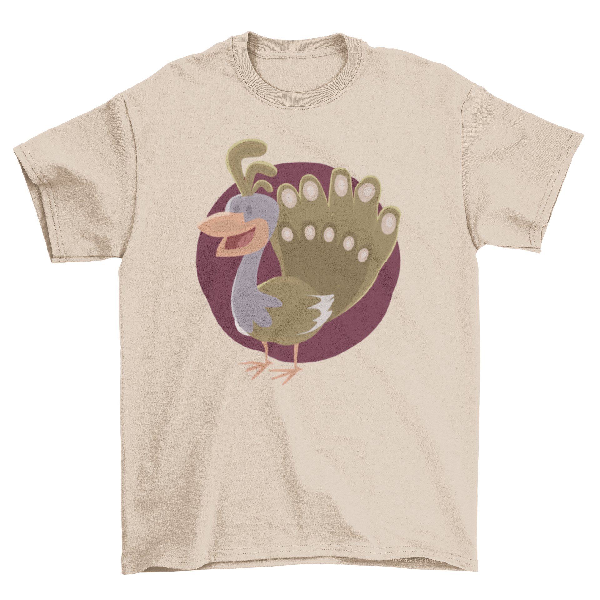 A colorful Peacock T-shirt featuring a cheerful cartoon peacock illustration, perfect for casual wear.