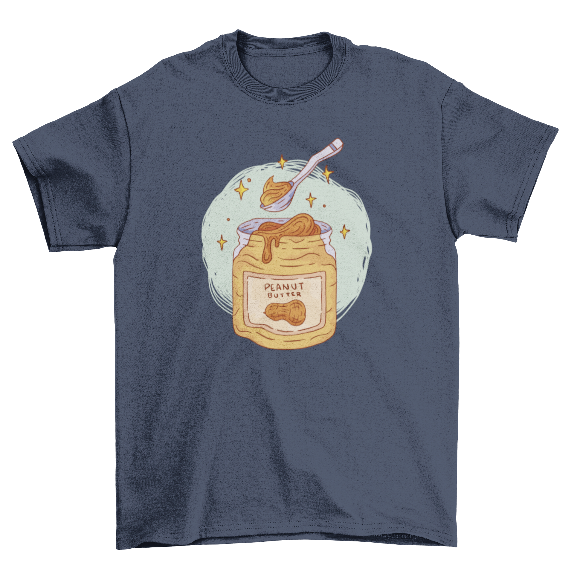 A stylish t-shirt featuring a playful design of a peanut butter jar with a spoon, perfect for food lovers.