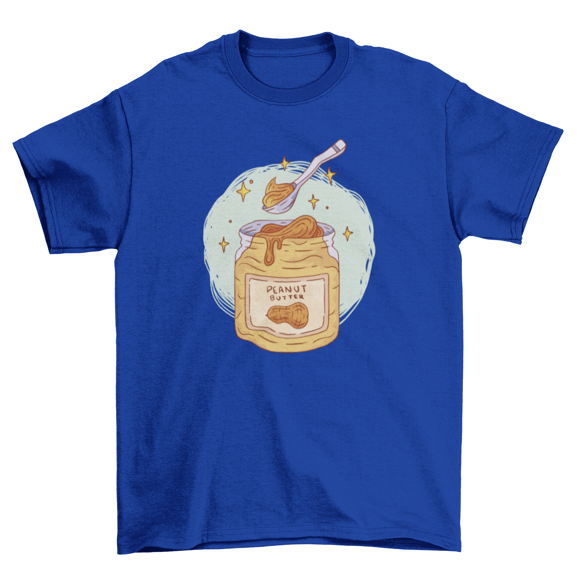 A stylish t-shirt featuring a playful design of a peanut butter jar with a spoon, perfect for food lovers.