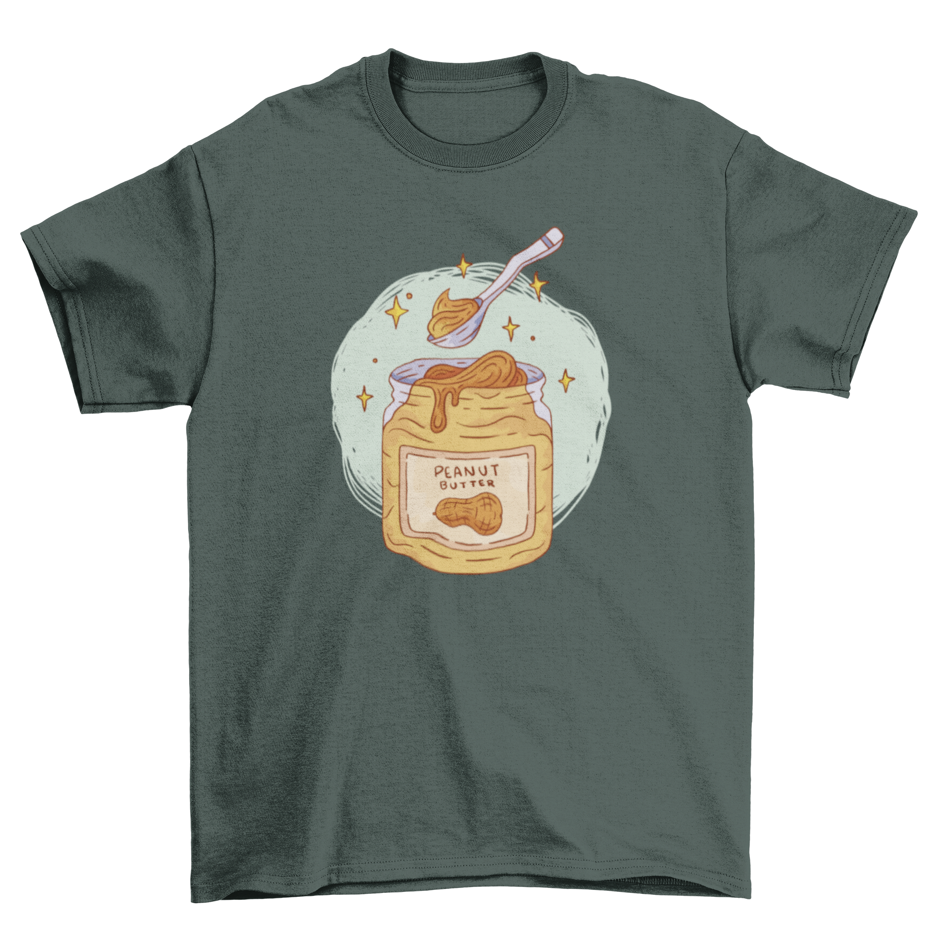 A stylish t-shirt featuring a playful design of a peanut butter jar with a spoon, perfect for food lovers.