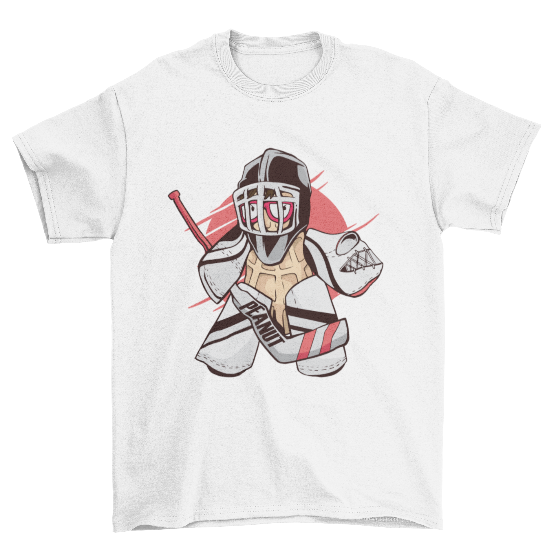 A cartoon t-shirt featuring a peanut character dressed as an ice hockey goalie, showcasing a playful design.