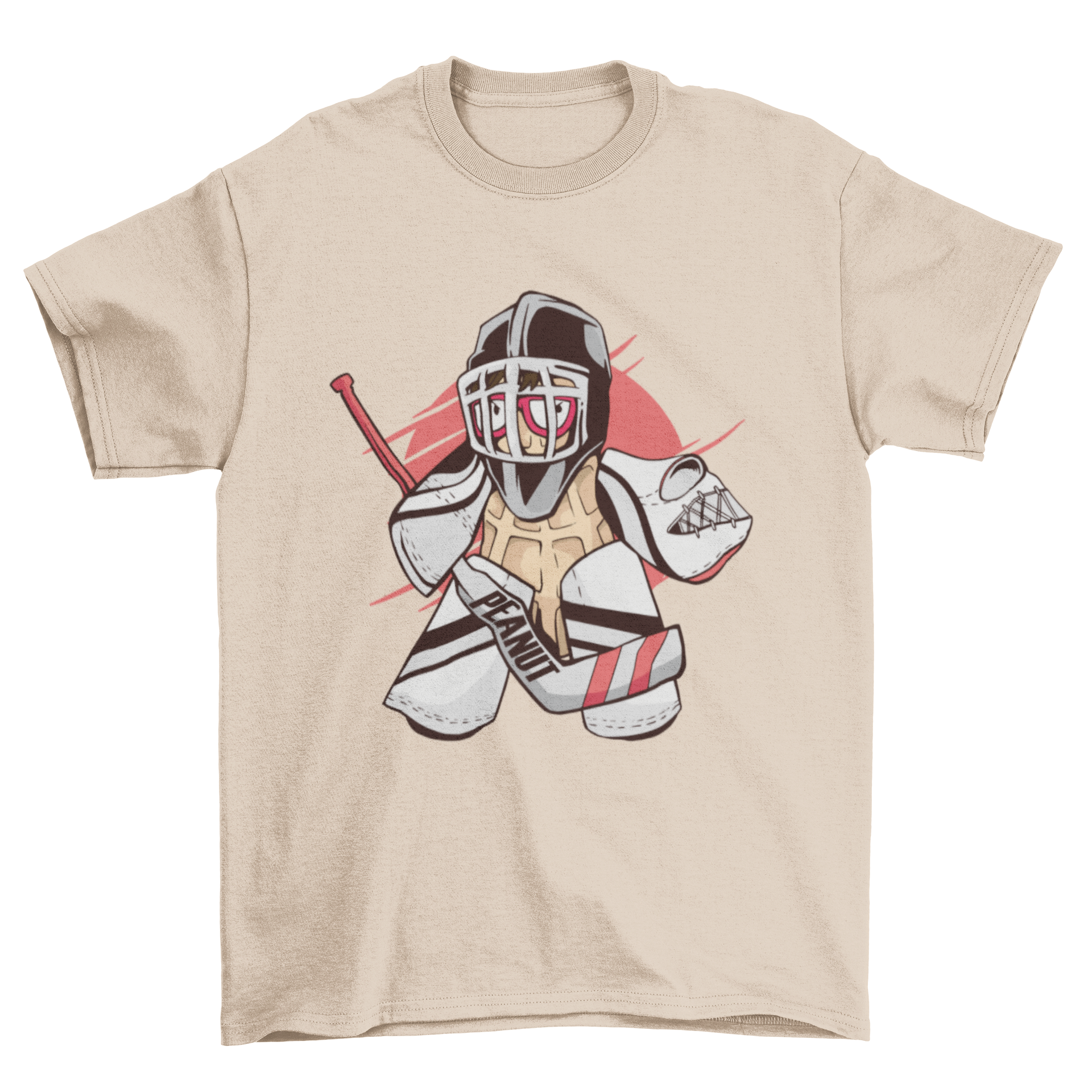 A cartoon t-shirt featuring a peanut character dressed as an ice hockey goalie, showcasing a playful design.