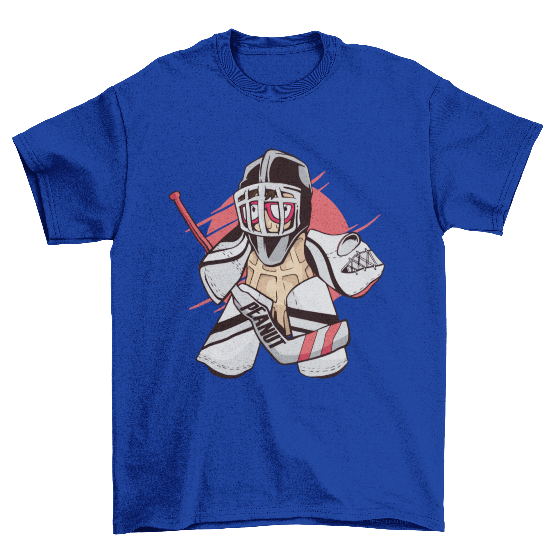 A cartoon t-shirt featuring a peanut character dressed as an ice hockey goalie, showcasing a playful design.