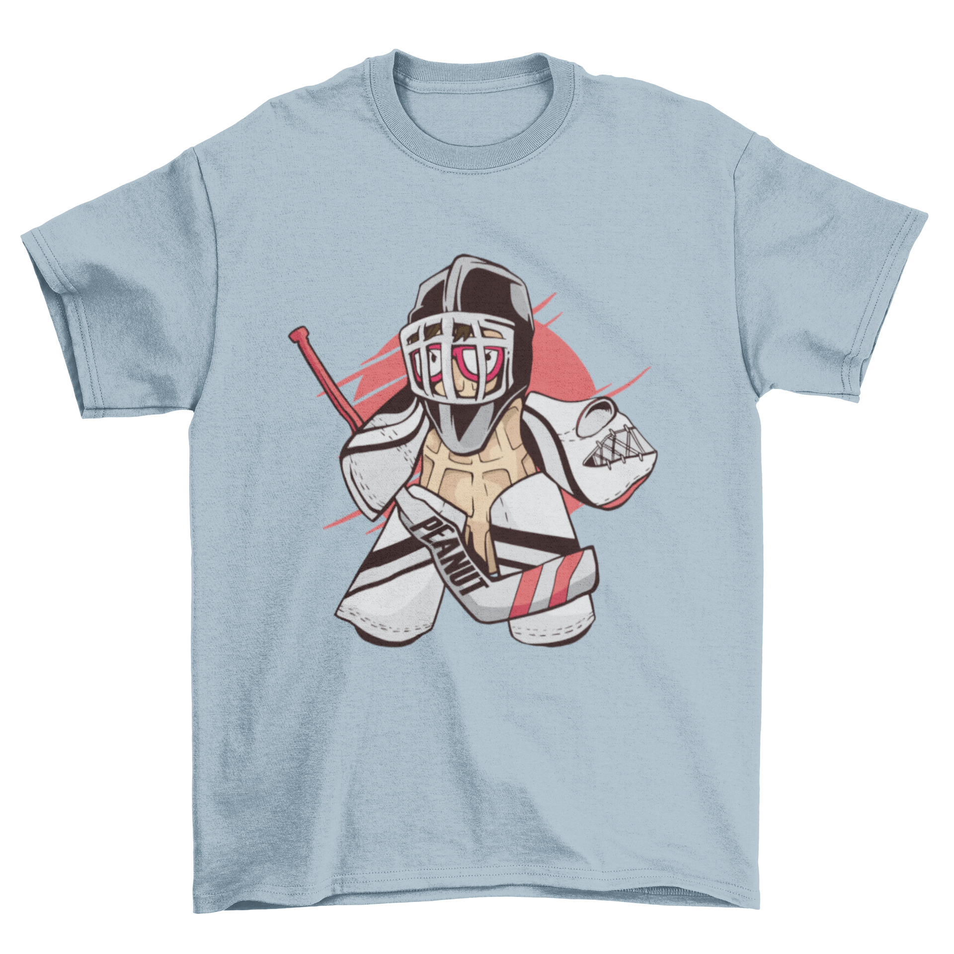 A cartoon t-shirt featuring a peanut character dressed as an ice hockey goalie, showcasing a playful design.