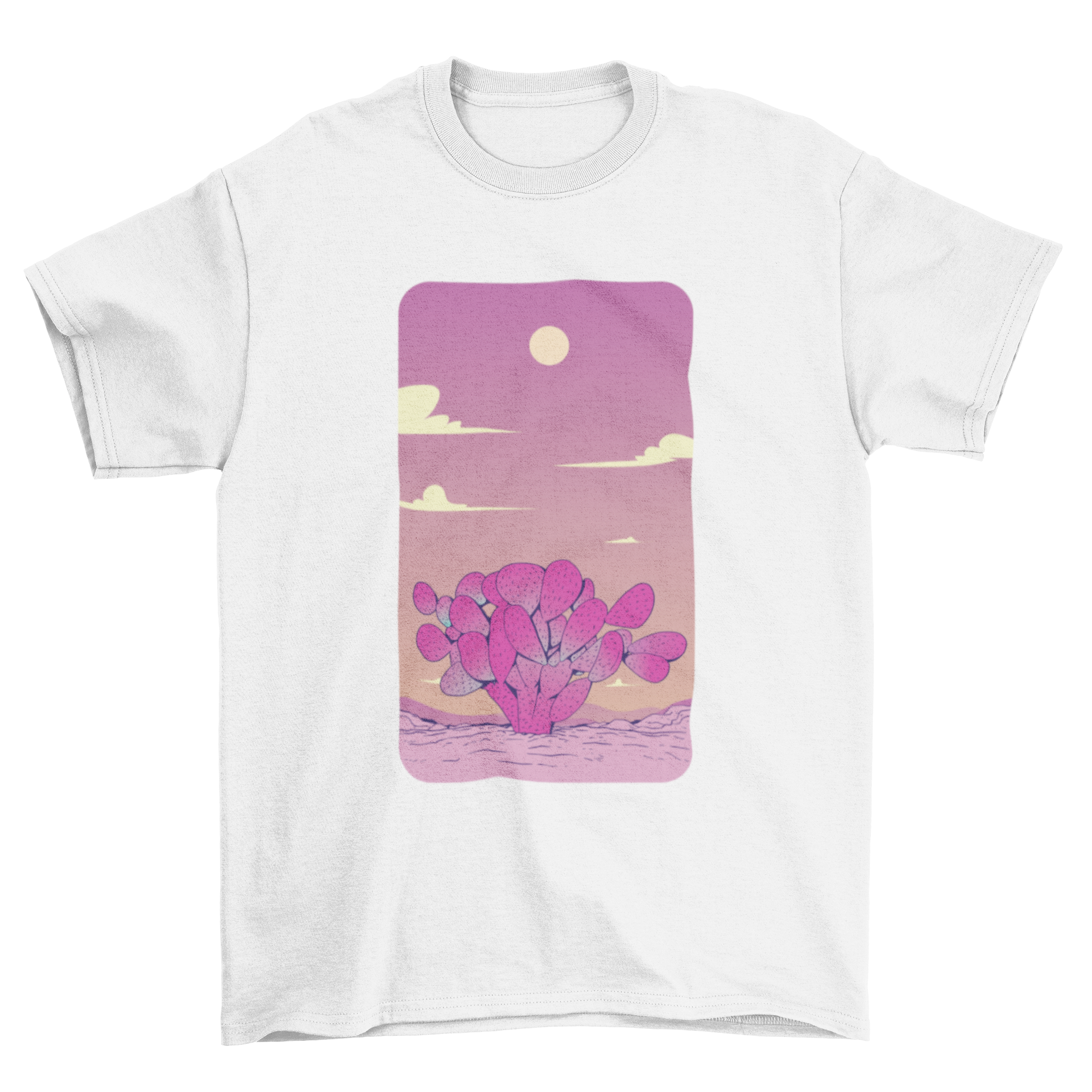 A vibrant purple t-shirt featuring a prickly pear cactus design set in a Mexican desert landscape.