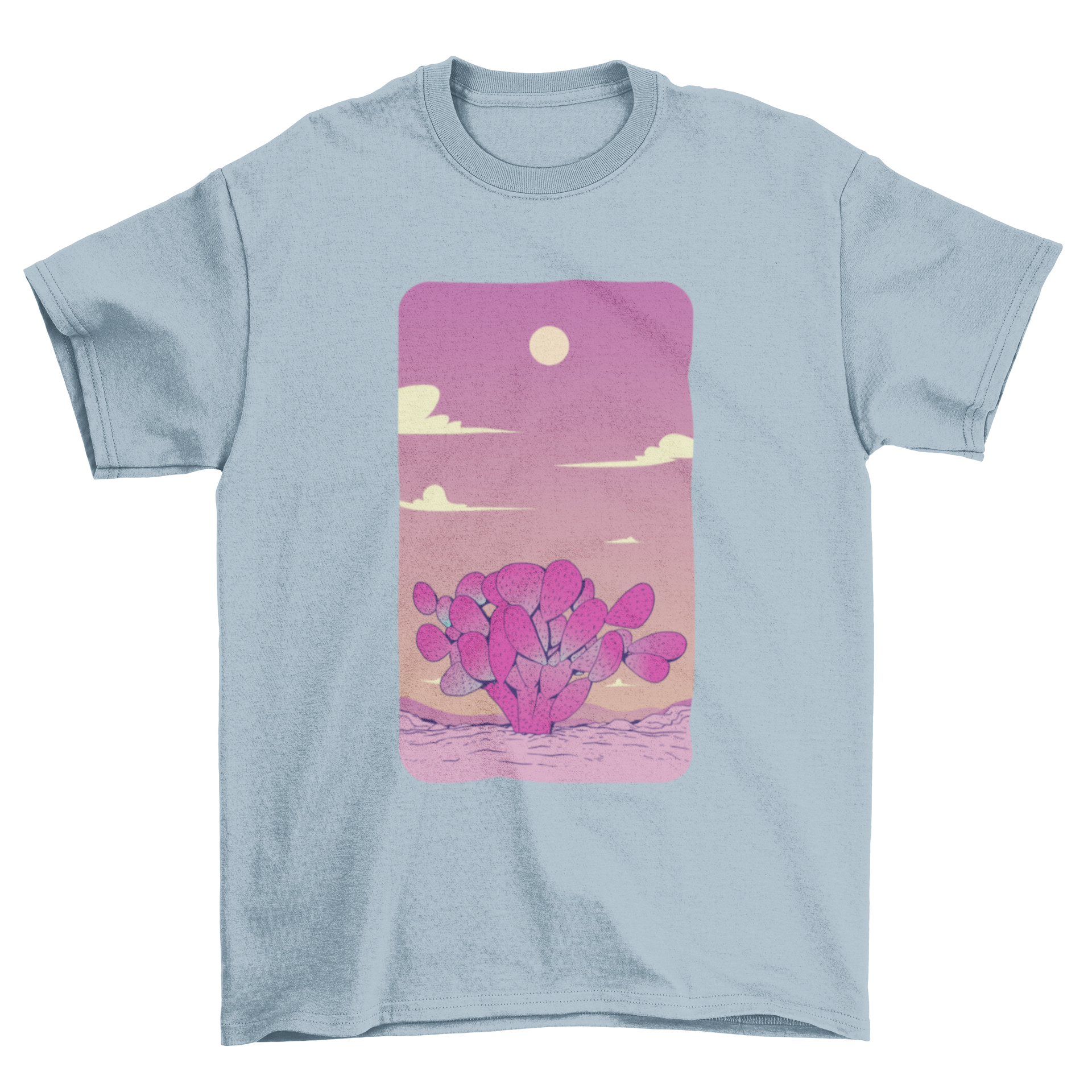 A vibrant purple t-shirt featuring a prickly pear cactus design set in a Mexican desert landscape.