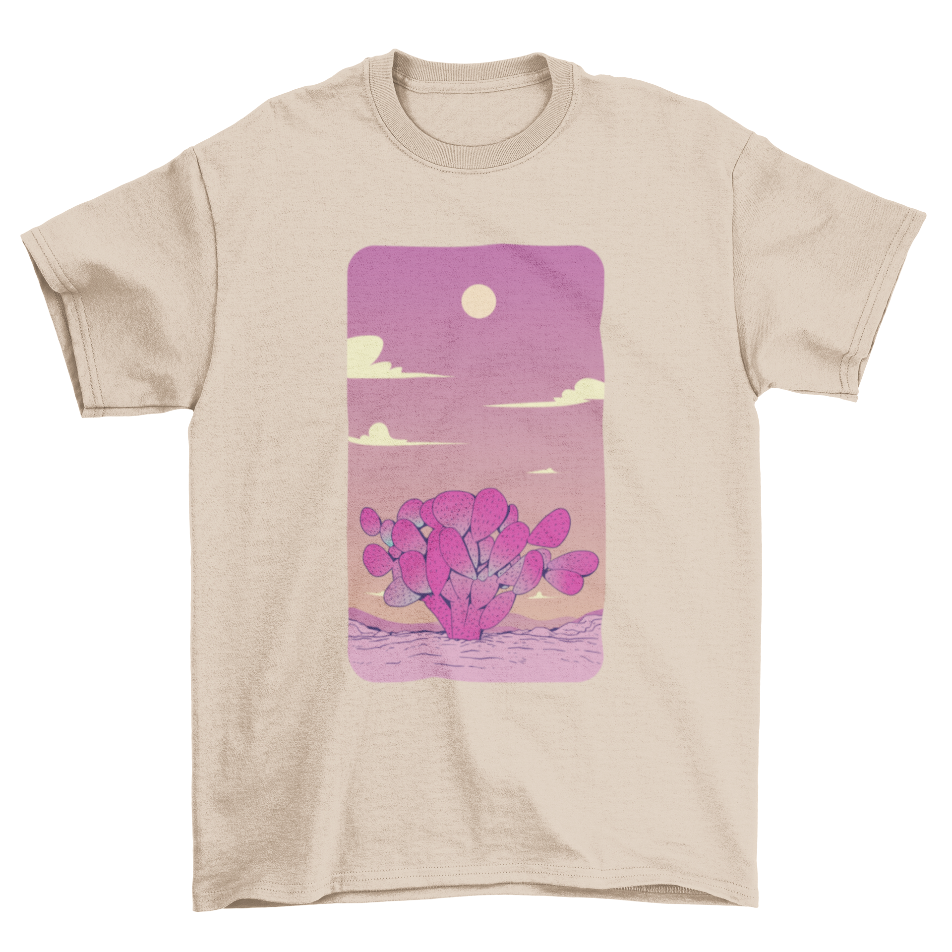 A vibrant purple t-shirt featuring a prickly pear cactus design set in a Mexican desert landscape.